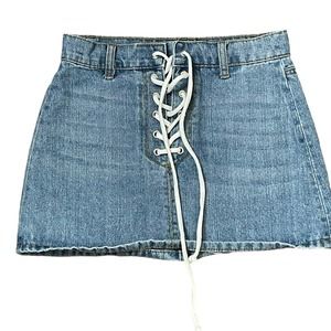 Forever 21 Denim Jean Skirt Size Small‎ Light Blue Lace Up Tie Womens 26X12.5